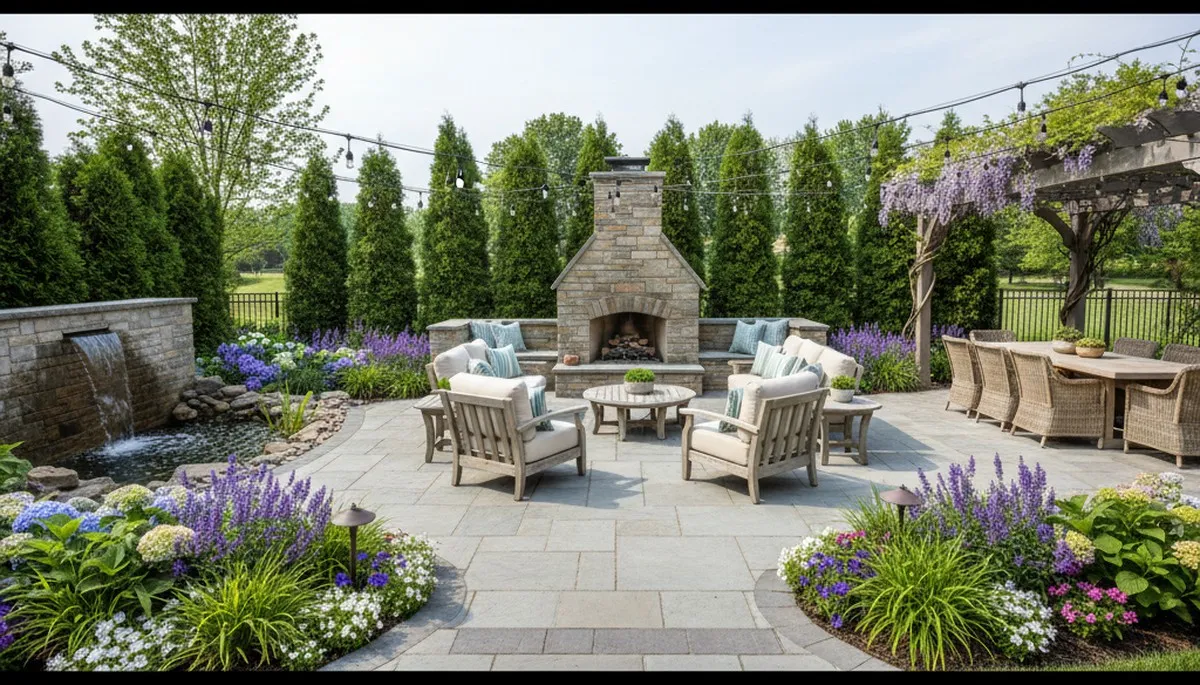 Backyard patio and landscaping design with lighting and plantings at a Fort Wayne, IN home