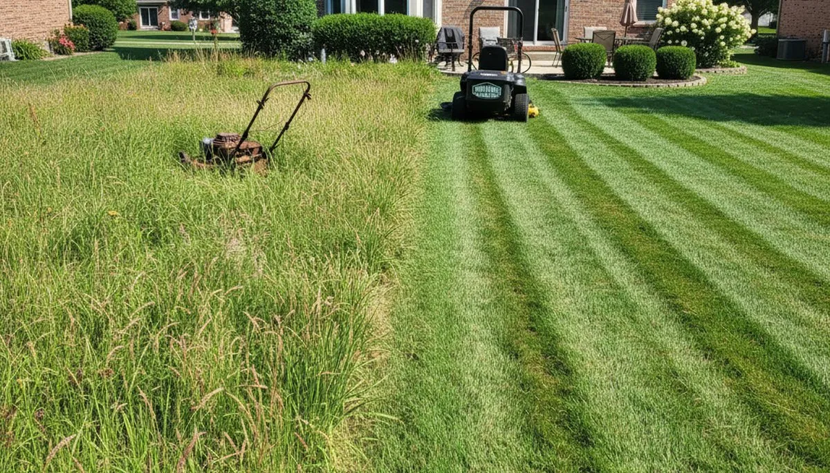Before and after lawn mowing showing dramatic yard transformation in Fort Wayne, IN by Chop Chop Landscaping