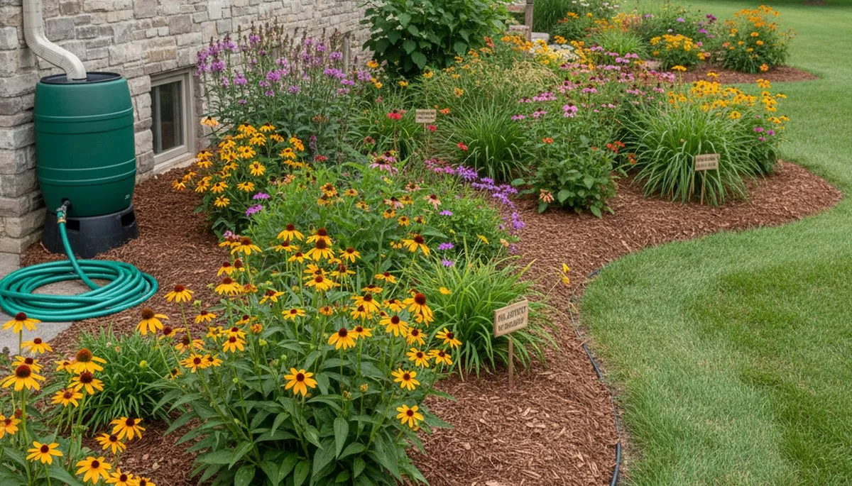 Organic landscape beds with natural mulch and pollinator plants in Fort Wayne, IN