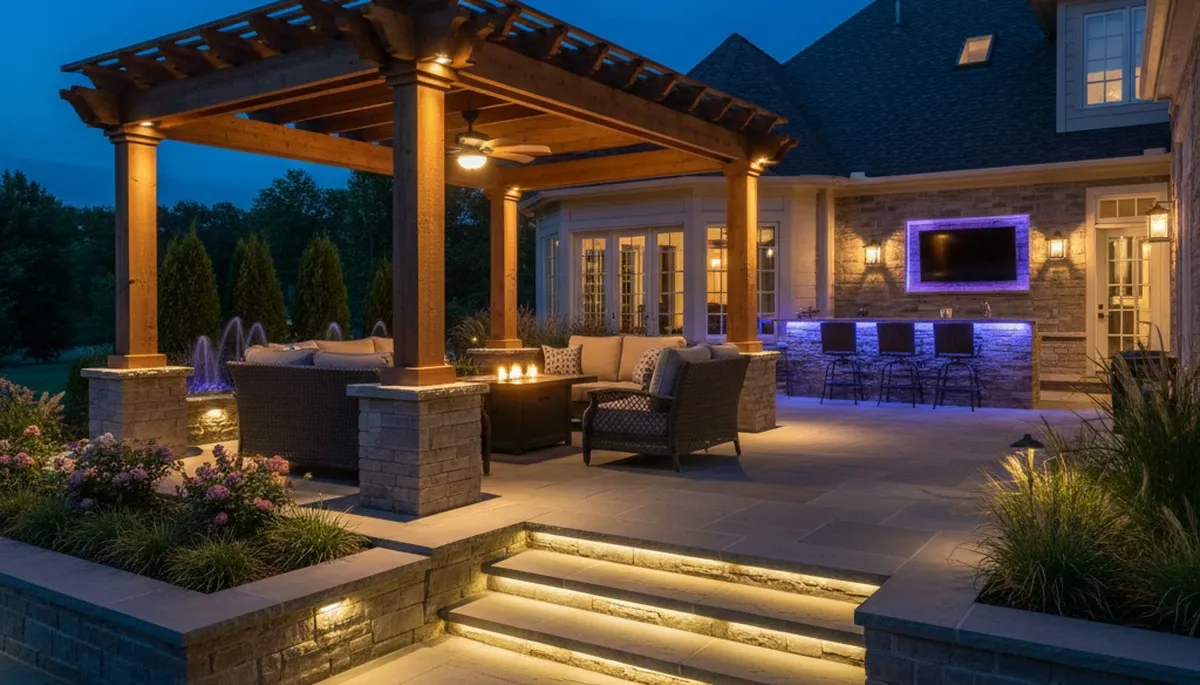 Evening deck and patio lighting installation by professional landscapers in Fort Wayne, IN