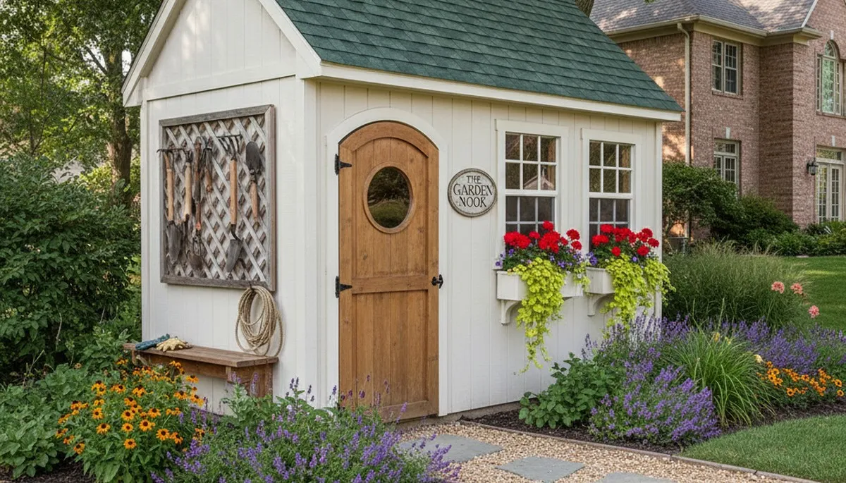 Decorative garden shed with landscaped yard installed by Chop Chop Landscaping in Fort Wayne, IN