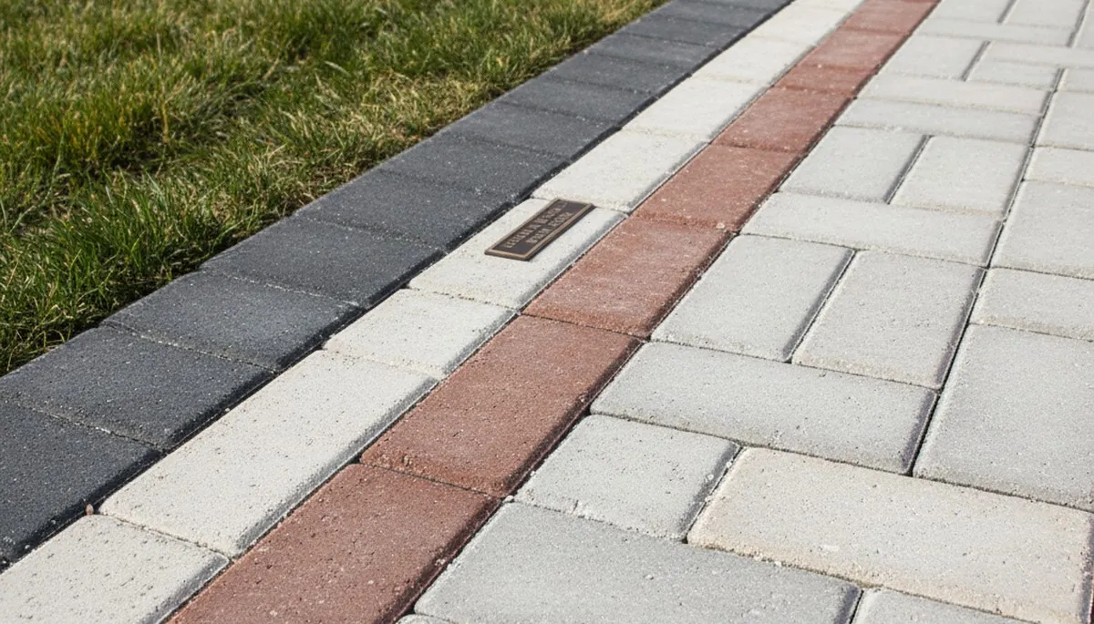 Close-up of decorative soldier course paver border and edging craftsmanship in Fort Wayne, IN driveway