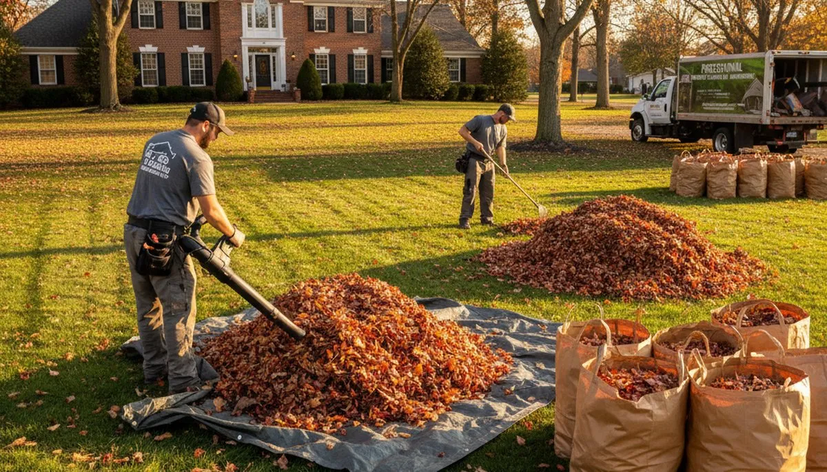 Technicians performing fall leaf cleanup and yard maintenance in Fort Wayne, IN residential landscape