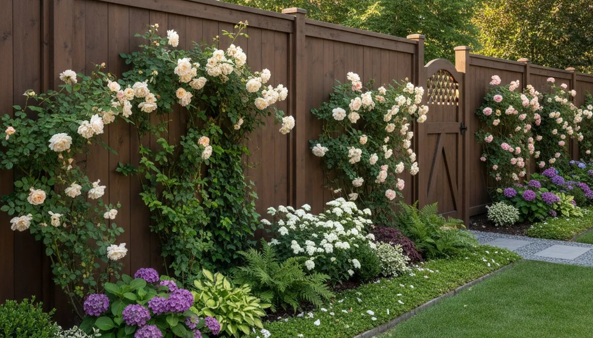 Wood fence with flowering beds and climbing plants by Chop Chop Landscaping in Fort Wayne, IN