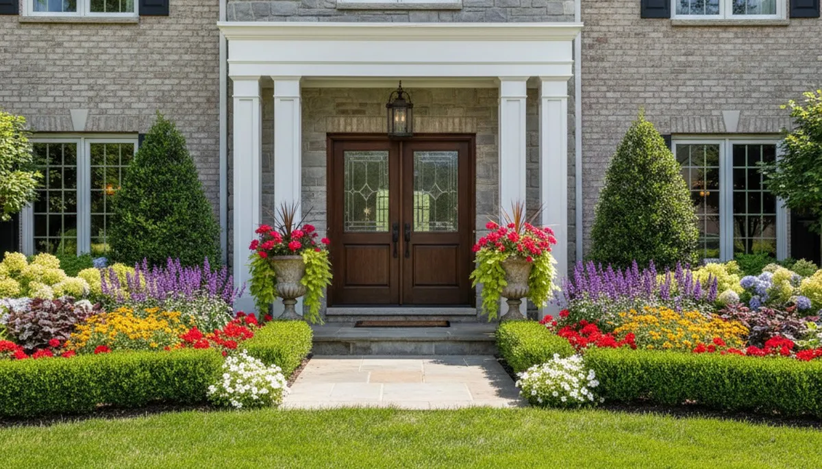 Front yard landscaping with colorful flower beds and shaped shrubs at a Fort Wayne IN home