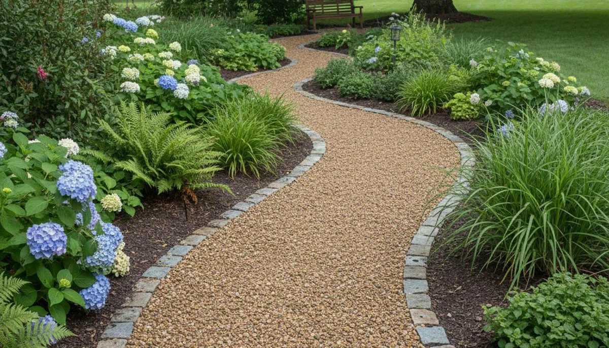Pea gravel garden path with clean borders in Fort Wayne, IN landscape by Chop Chop Landscaping