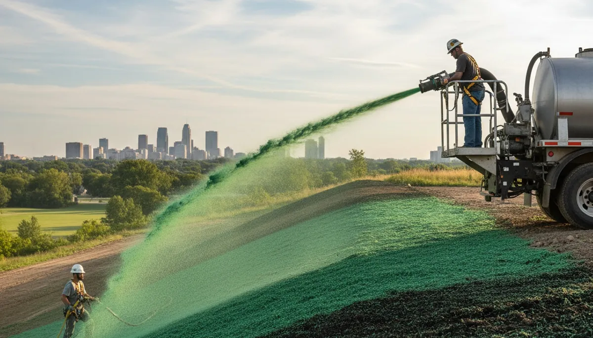 Professional hydroseeding applied on Fort Wayne IN hillside for erosion control and slope stabilization
