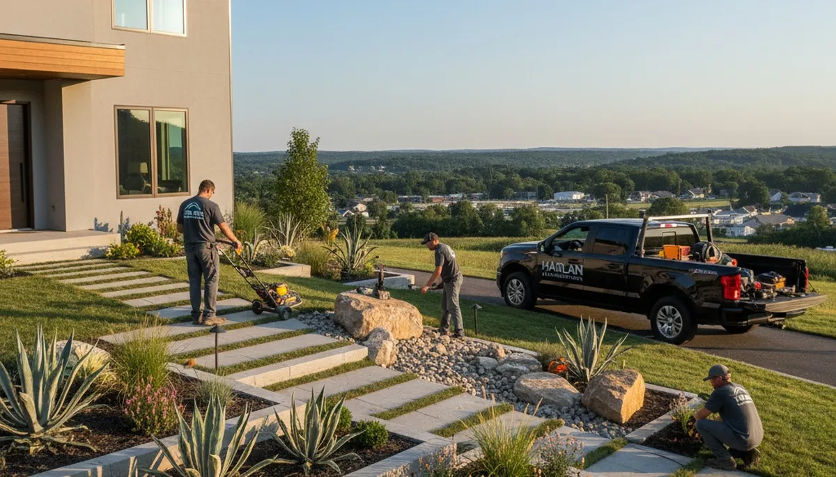Landscaping crew providing lawn care and landscape maintenance in Fort Wayne, IN