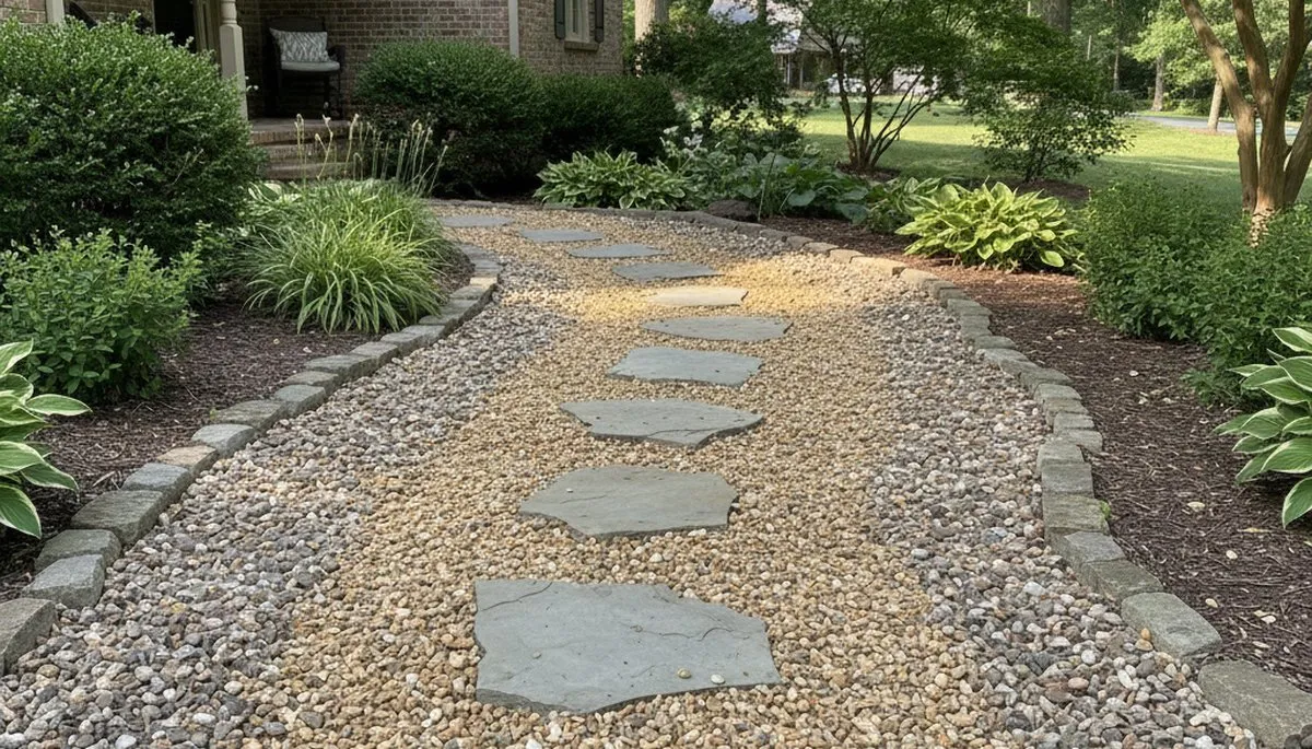 Mixed gravel and stone walkway with stepping stones by Chop Chop Landscaping in Fort Wayne, IN