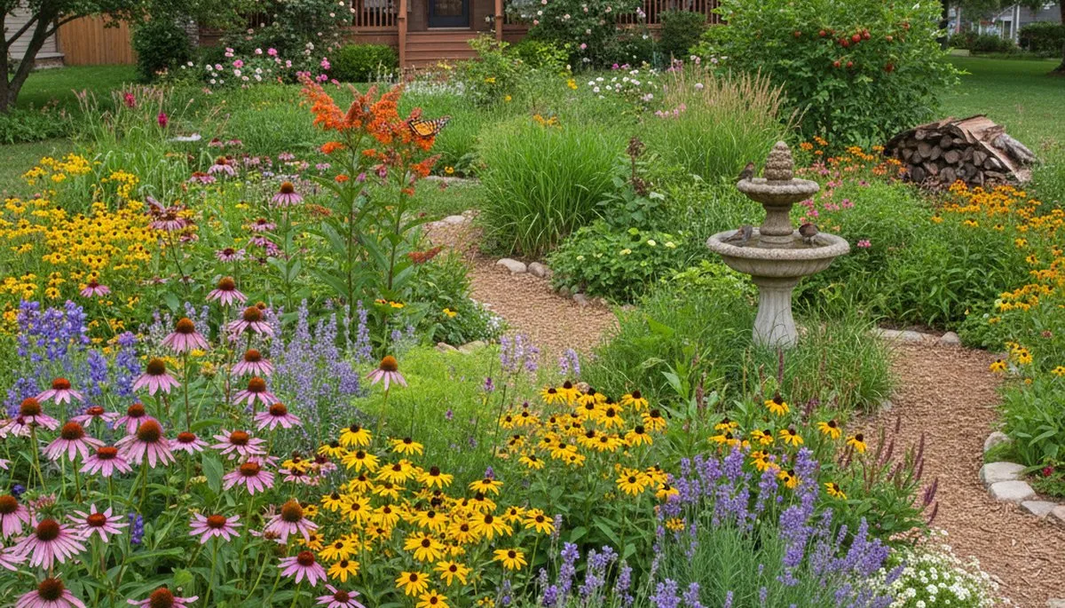 Native pollinator garden with bees and butterflies by organic landscapers in Fort Wayne, Indiana
