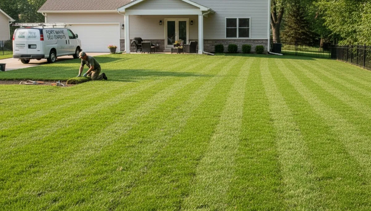 Freshly installed green sod lawn by Chop Chop Landscaping in Fort Wayne, IN showing lush turf transformation