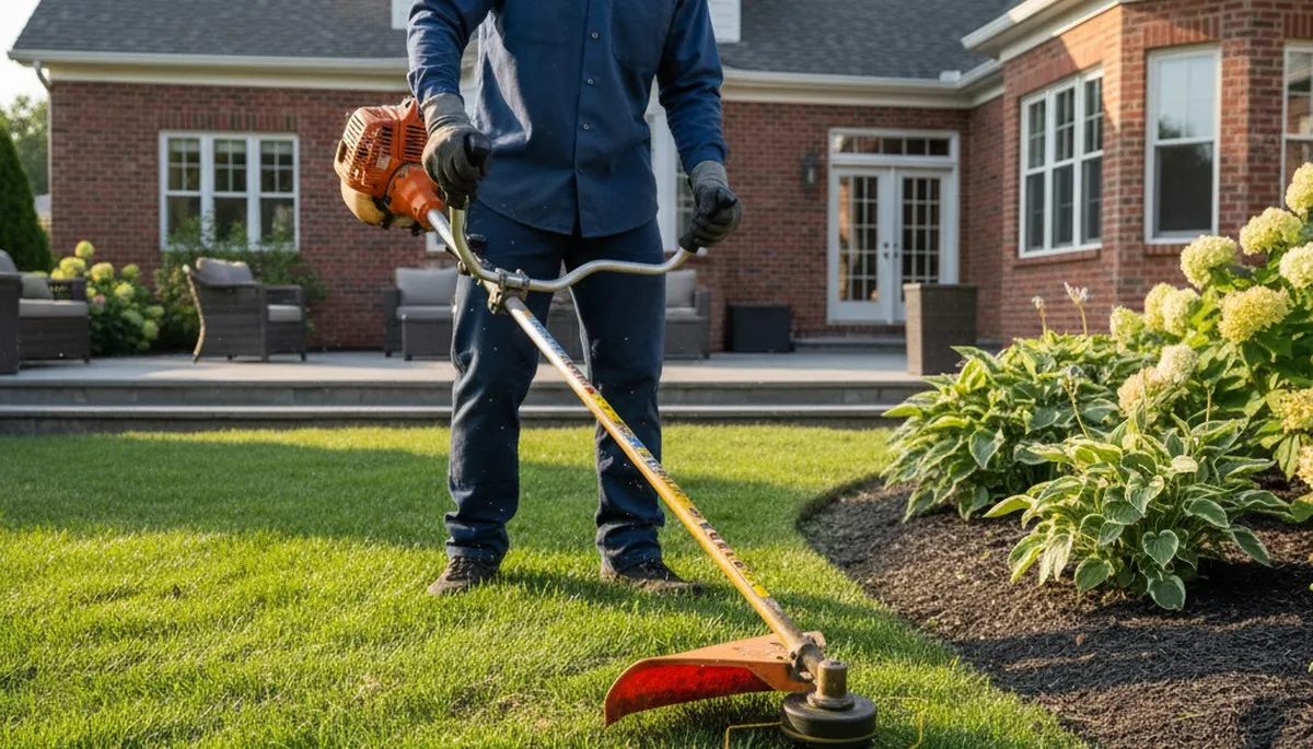 Technician trimming precise lawn edges with string trimmer in Fort Wayne, IN by Chop Chop Landscaping