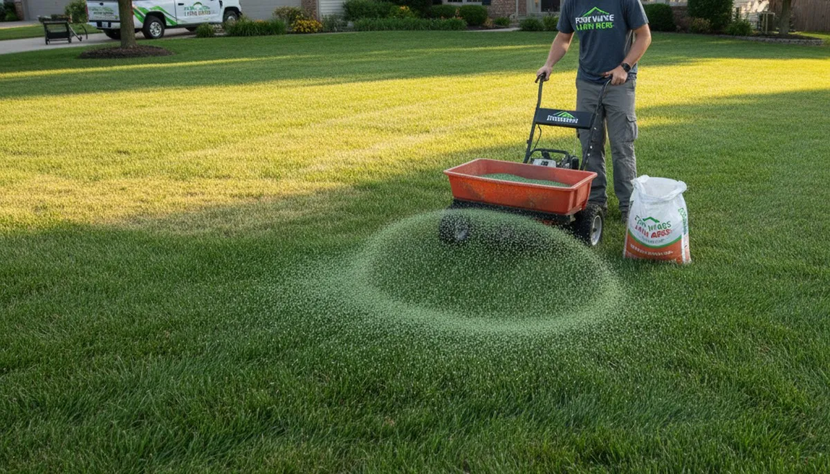 Lawn care technician spreading fertilizer evenly on green residential lawn in Fort Wayne, IN