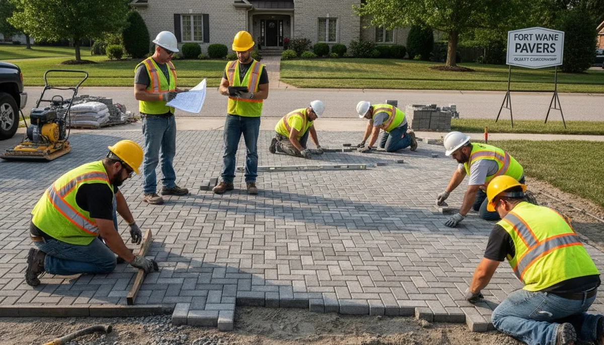 Crew installing driveway pavers in Fort Wayne, IN for Chop Chop Landscaping professional installation service