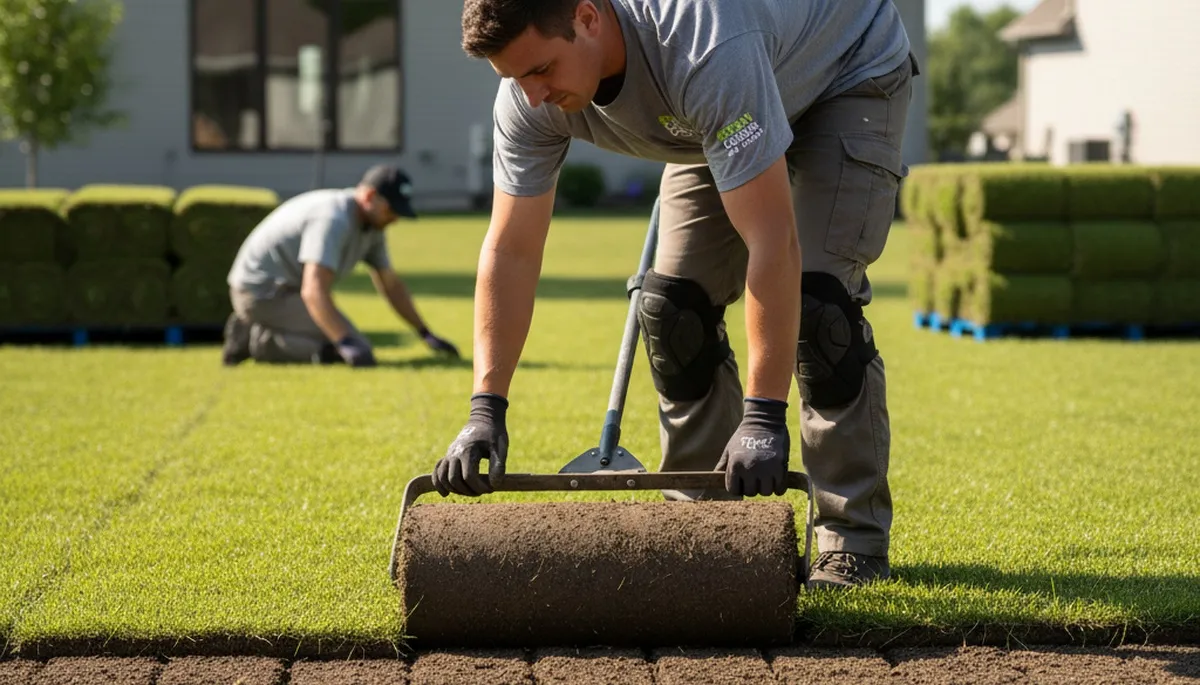 Professional landscaper installing sod rolls with precision in Fort Wayne, IN for seamless lawn results