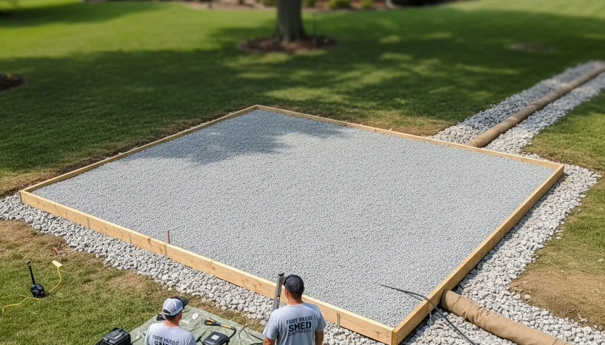 Professional shed foundation preparation with gravel base and drainage in Fort Wayne, IN landscaping