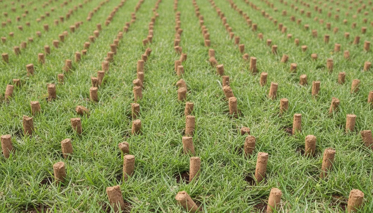 Close-up of soil core plugs after lawn aeration by Chop Chop Landscaping in Fort Wayne, IN