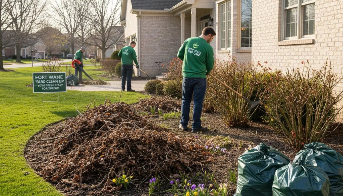 Spring yard clean up in Fort Wayne IN with crews pruning, clearing debris, and refreshing landscape beds