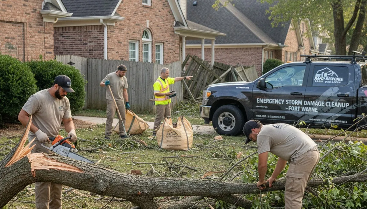 Technicians clearing storm debris and fallen branches during yard cleanup in Fort Wayne, IN