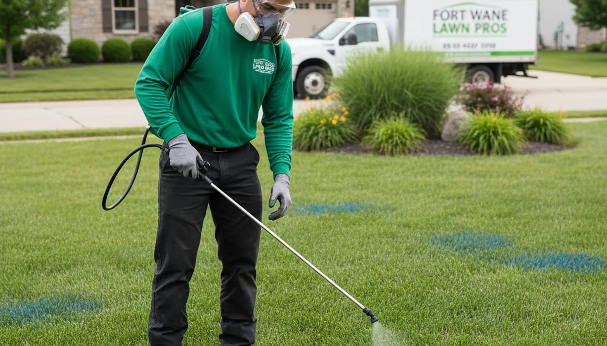Lawn care technician applying targeted weed control with sprayer on Fort Wayne, IN residential lawn