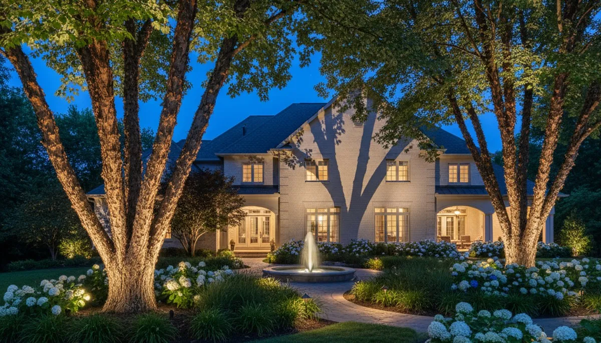 Mature trees uplighted at night showcasing professional landscape lighting in Fort Wayne, IN
