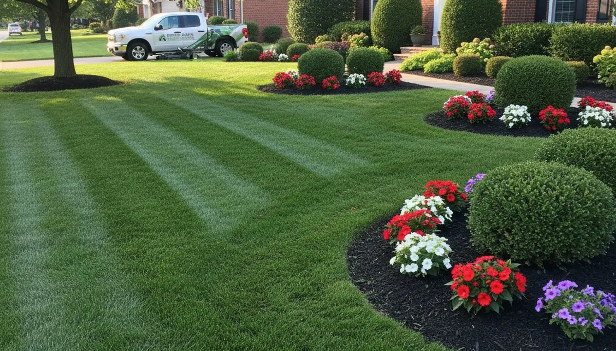 Lush green lawn with precise edging at a Fort Wayne home after professional lawn maintenance services